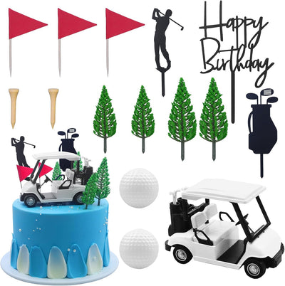 Decoración pastel temática golf con carrito bandera pelota