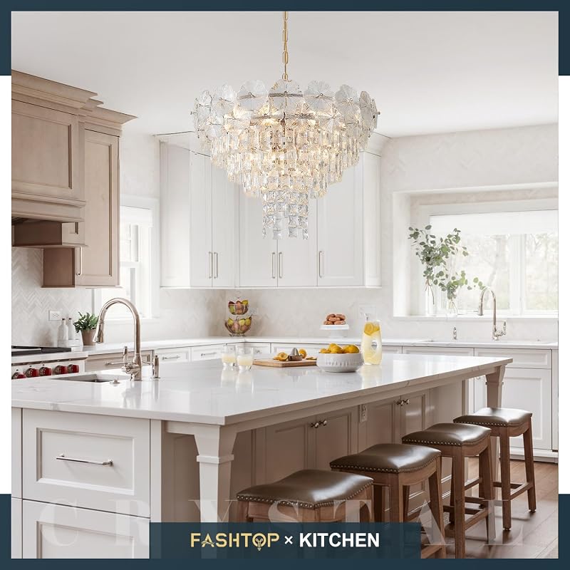 Candelabro cristal K9 6 niveles 12 luces dorado sala comedor