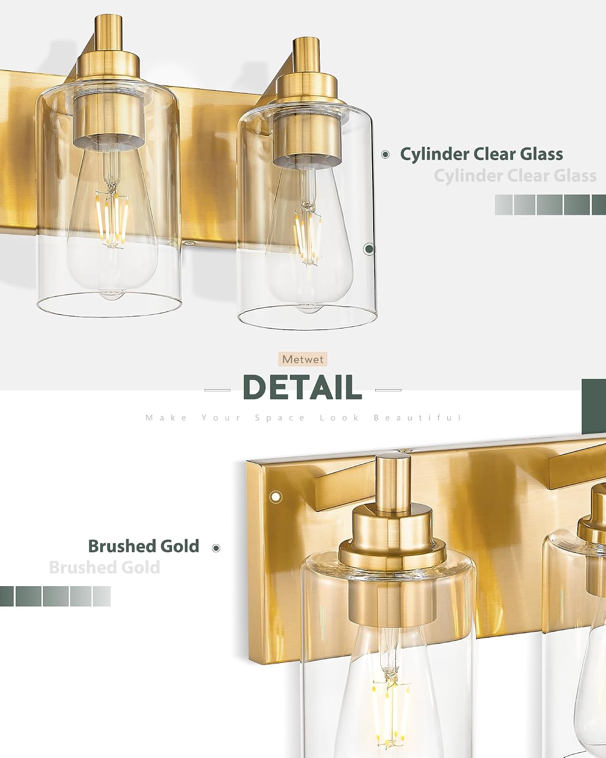 Lámpara baño 4 luces oro cepillado pantalla vidrio