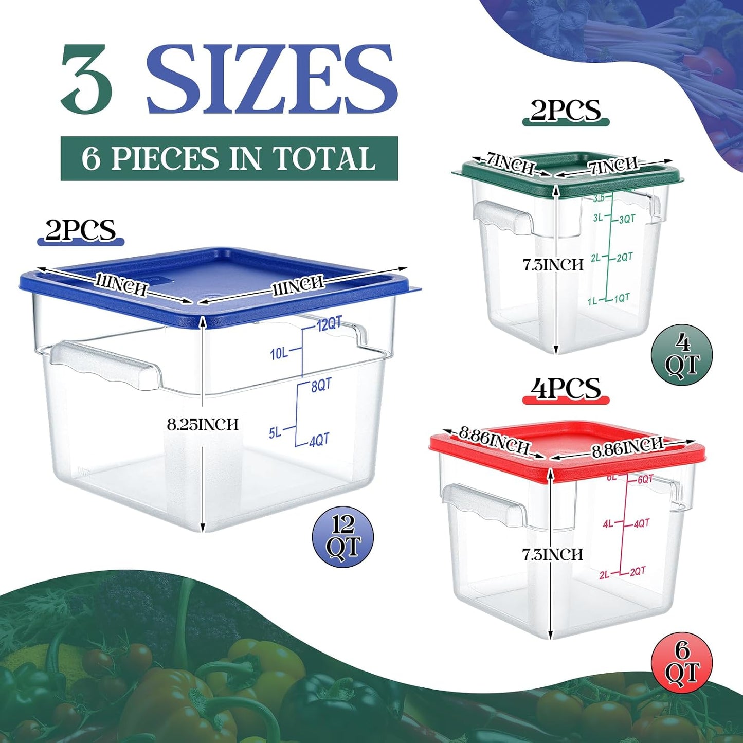 Set 8 Recipientes Cuadrados 6qt Polycarbonato con Tapa