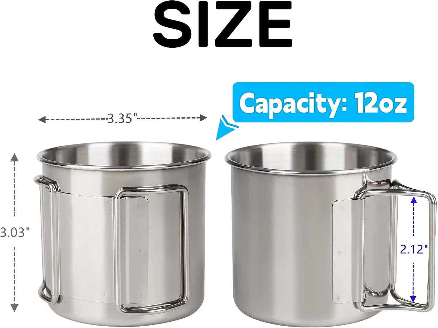 Tazas camping acero inox asas plegables 12oz plateado