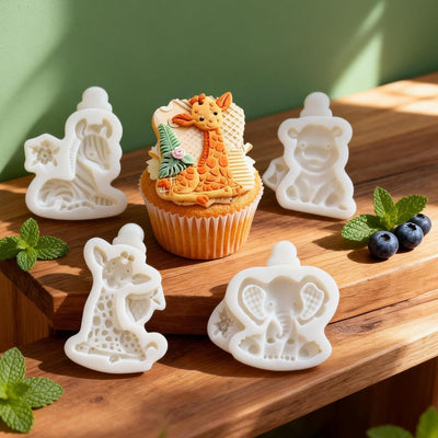 5 moldes de silicona para fondant de cebra, elefante, león y jirafa
