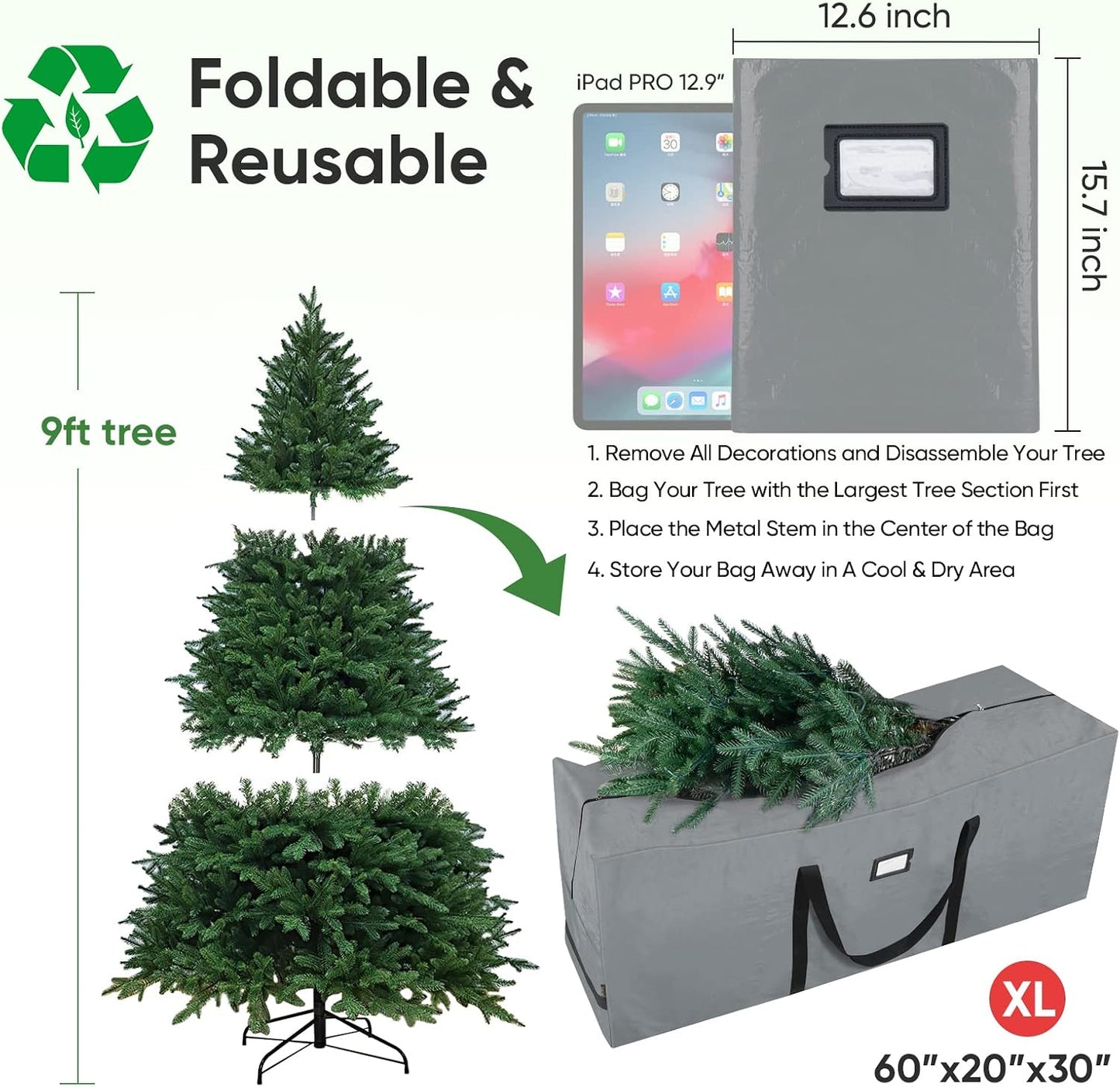 Bolsa árbol Navidad 9ft resistente cremalleras dobles gris