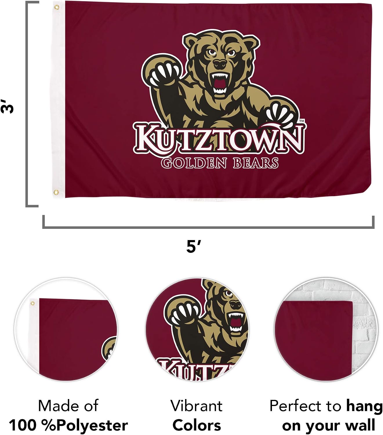 Bandera Kutztown University 3x5pulg tela poliéster duradera