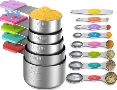 Set 5 Tazas Acero Inox Anidables 7 Cucharas Magnéticas Nivelador