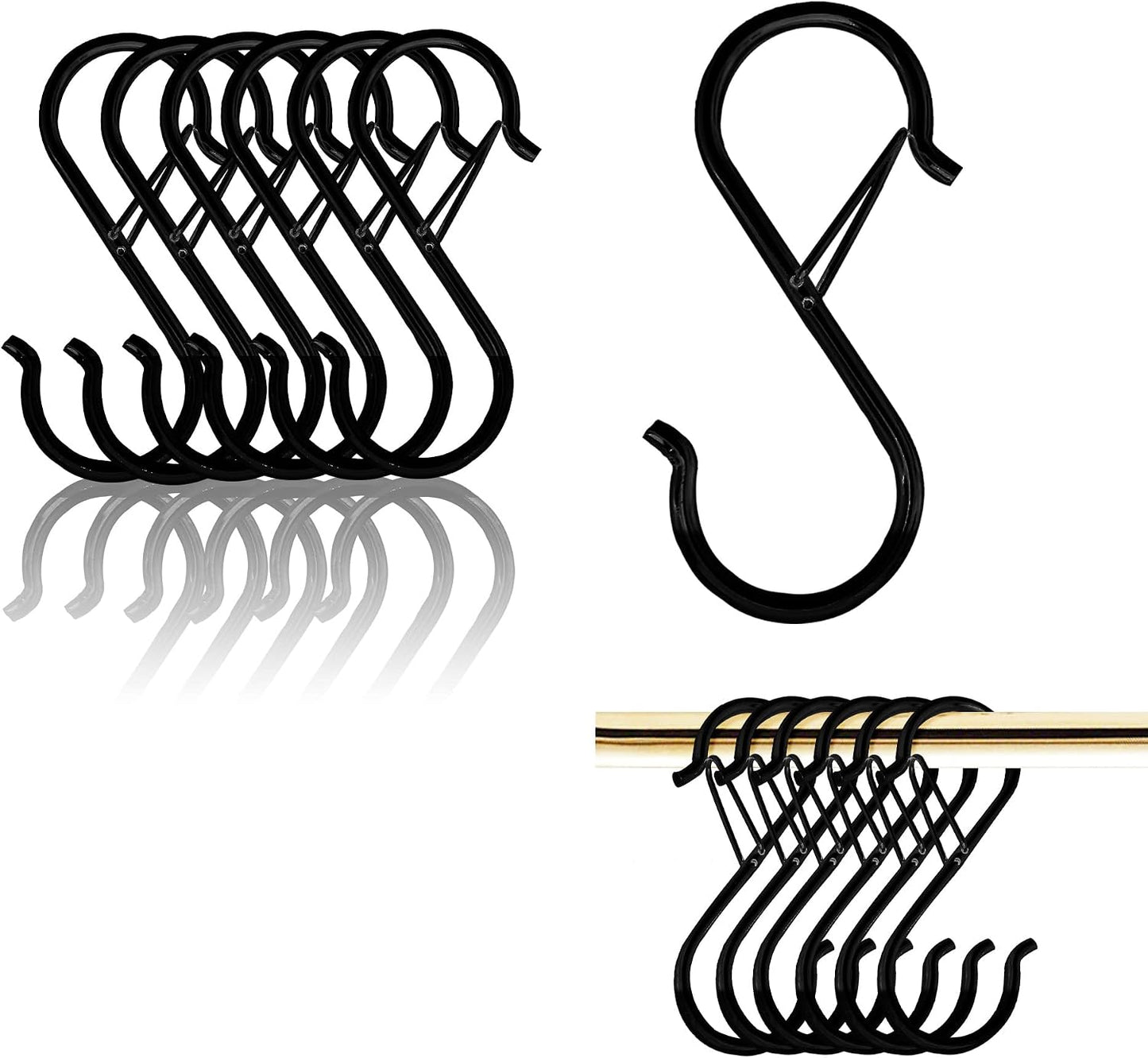 Ganchos en S para cocina, sartenes, bolsas y macetas (6, negro)