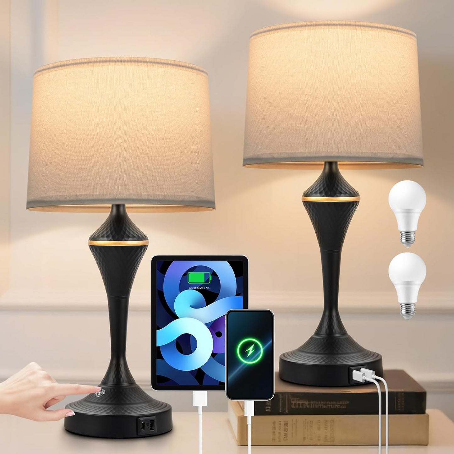 2 Lámparas Mesa Modernas Control Táctil USB-C Regulables E26
