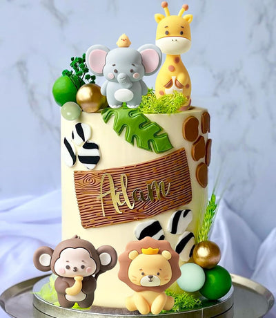 Decoración tarta fiesta baby shower selva animales safari