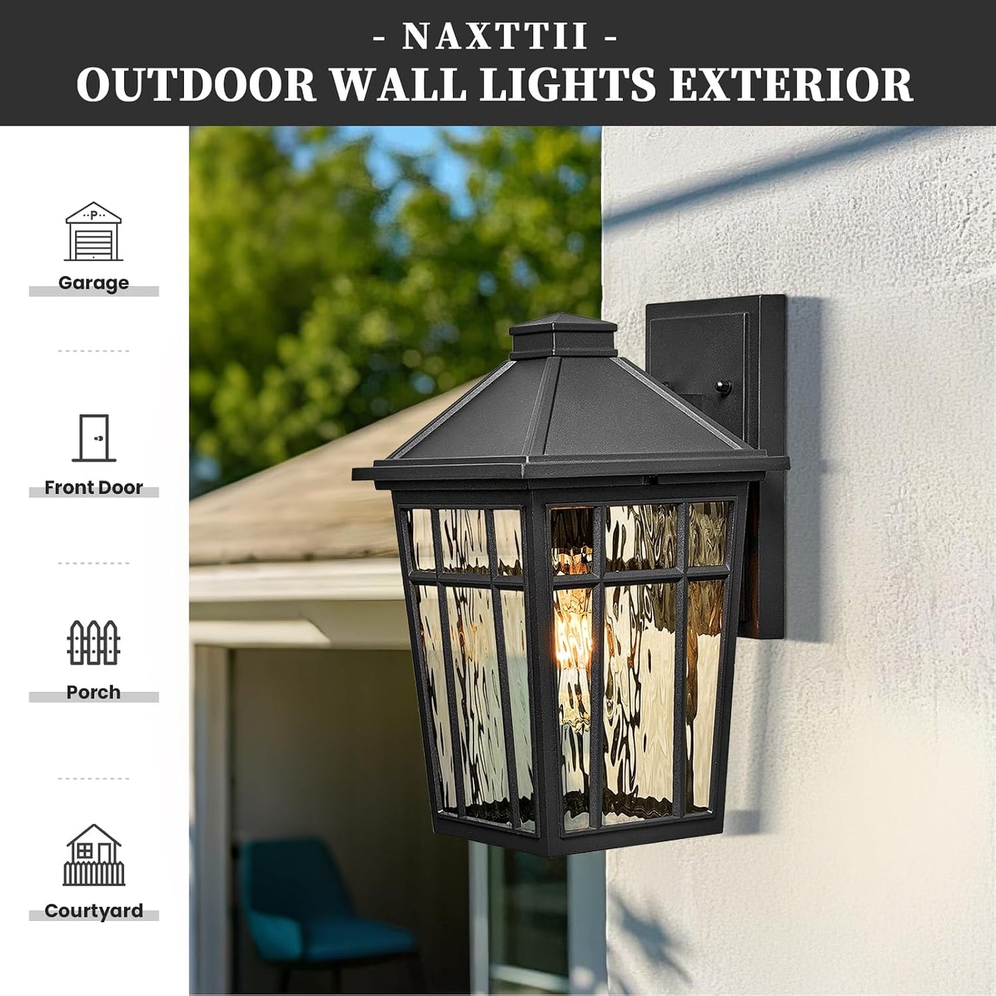 Lámpara pared exterior aluminio negro vidrio ondulado E26