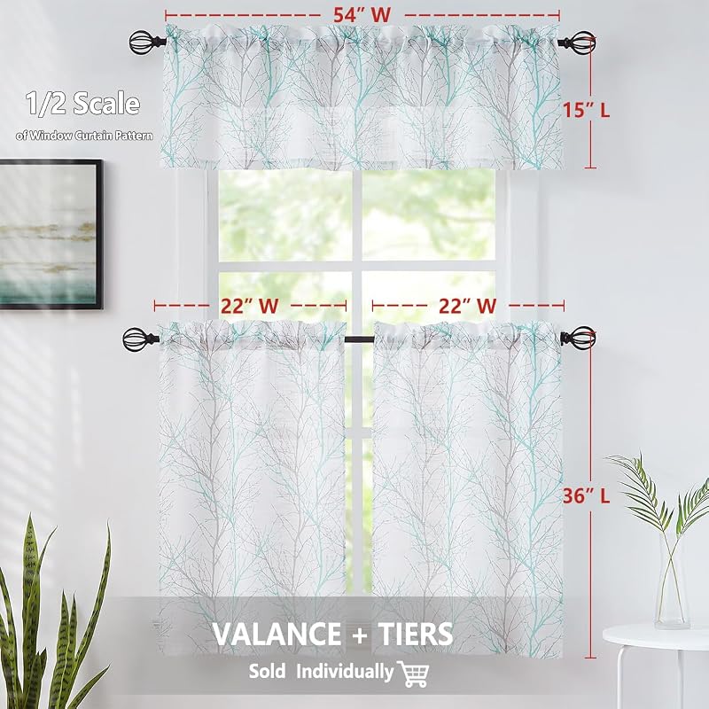 Cortinas cocina 36pulg estampado árbol gris 2 paneles
