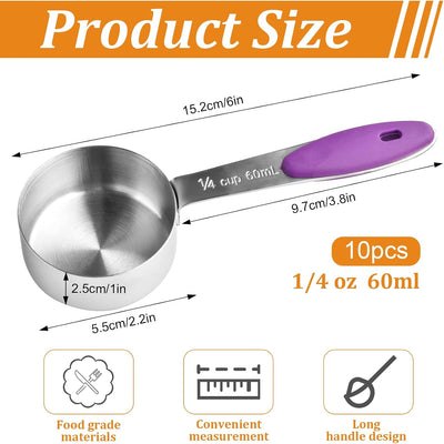 10 Tazas Medidoras 1/4 Oz Cuchara Acero Inox Mango Silicona