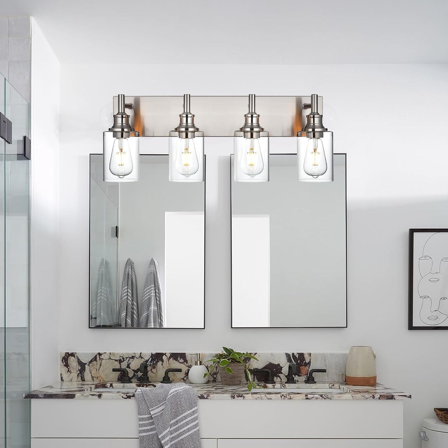 4 Luces Tocador Níquel Vidrio Aplique