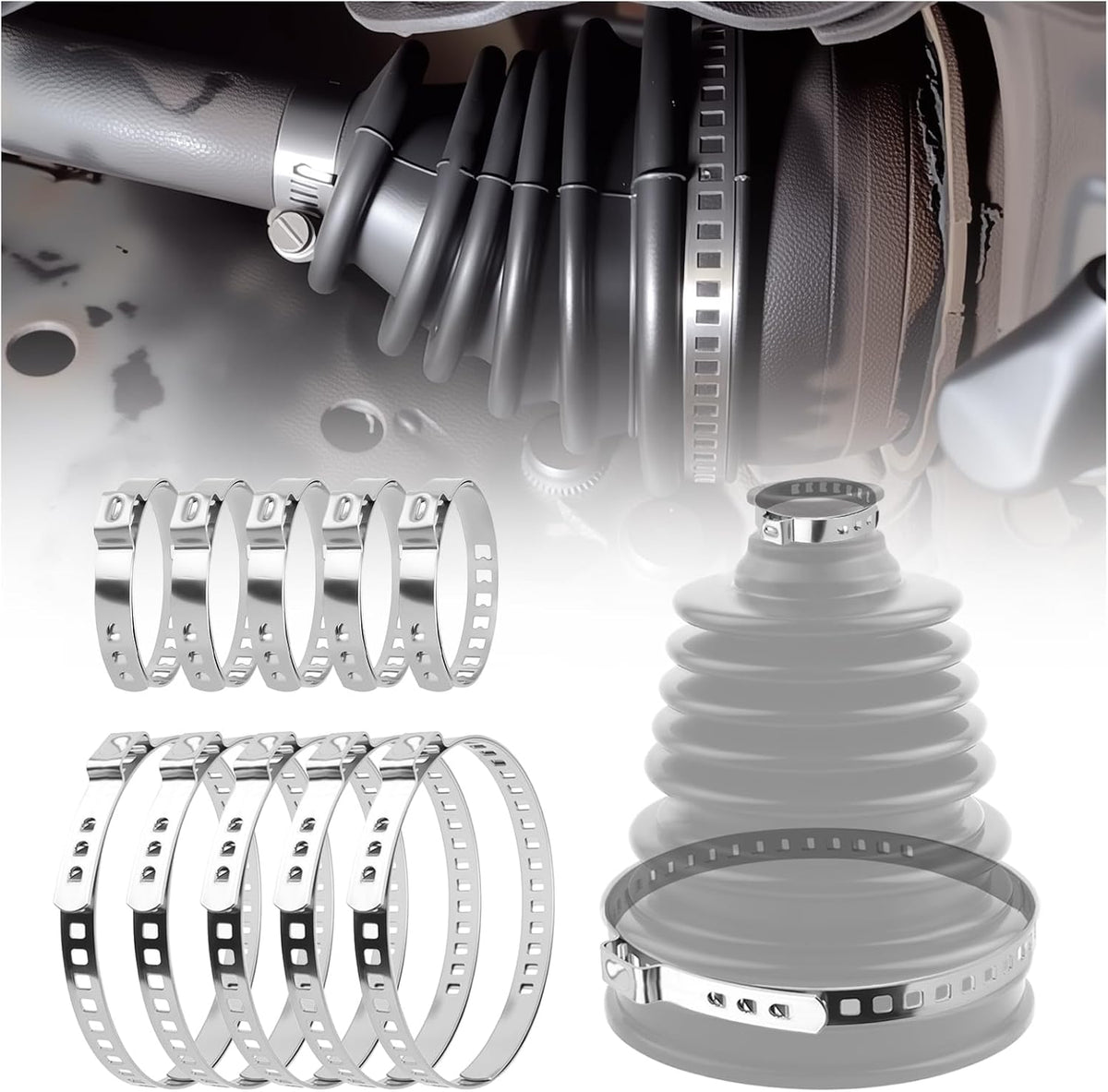 Kit abrazaderas CV acero inox ajustables para botas de barra