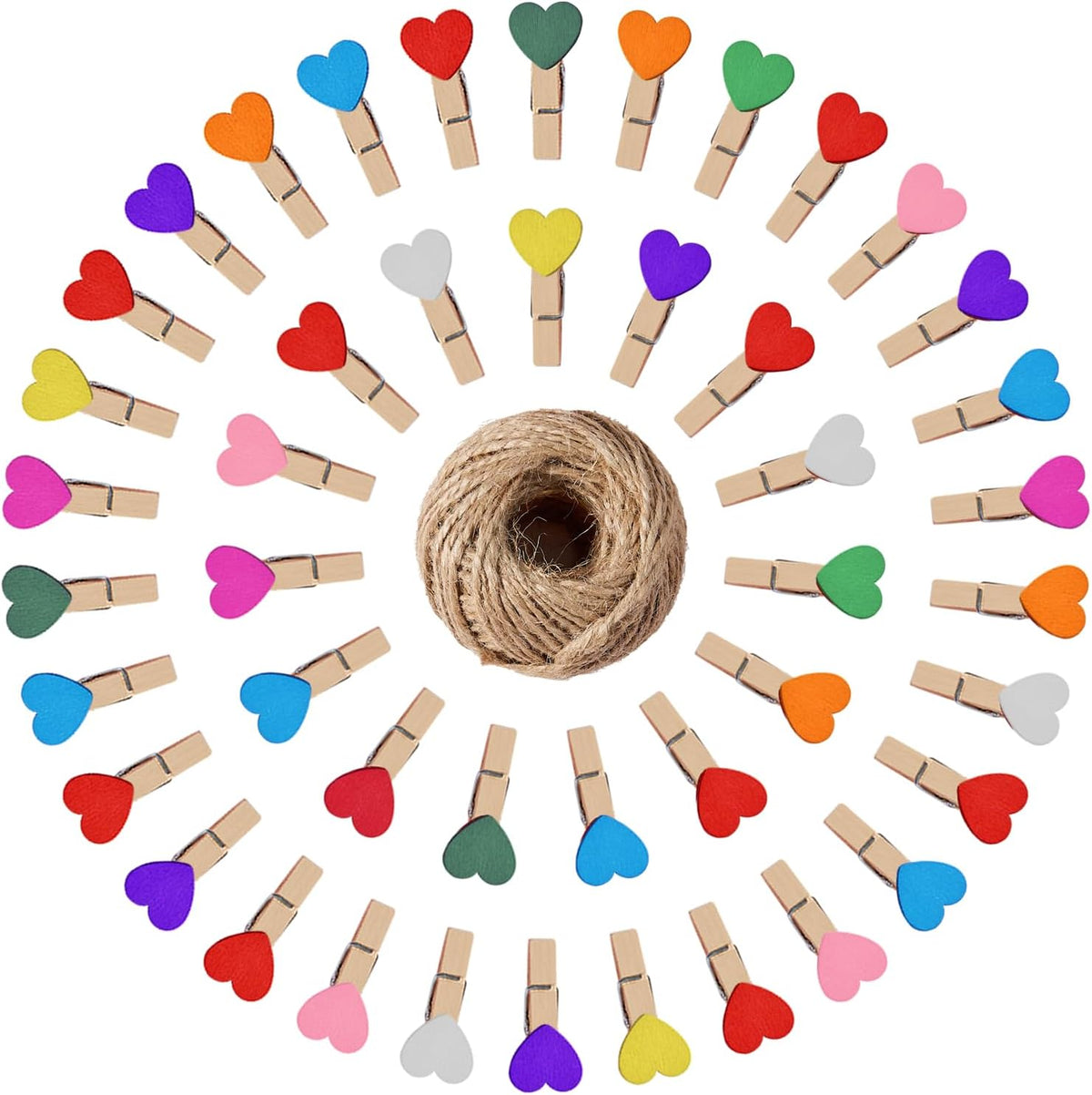 100 Alfileres Corazón Madera 1.4pulg Cordel Yute 100ft Decoración