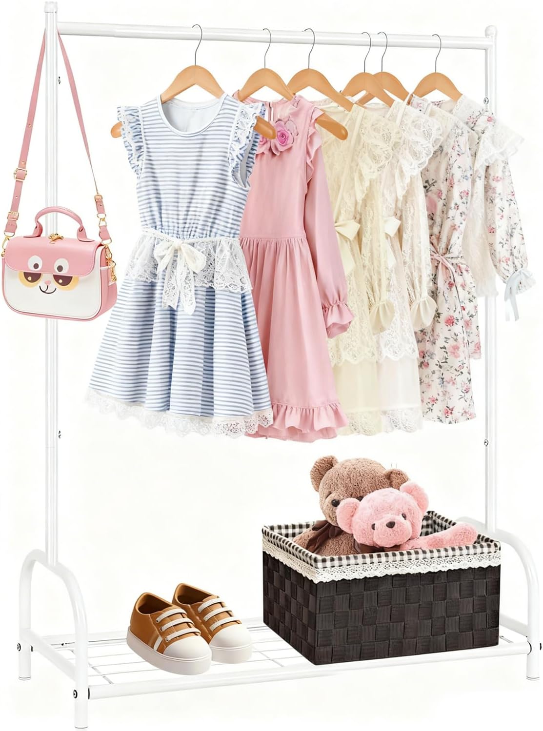 Perchero para ropa niños con estante metal blanco