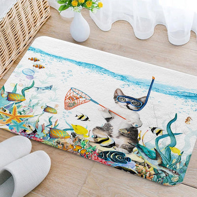 Alfombras baño con gatos y animales marinos color verde azulado