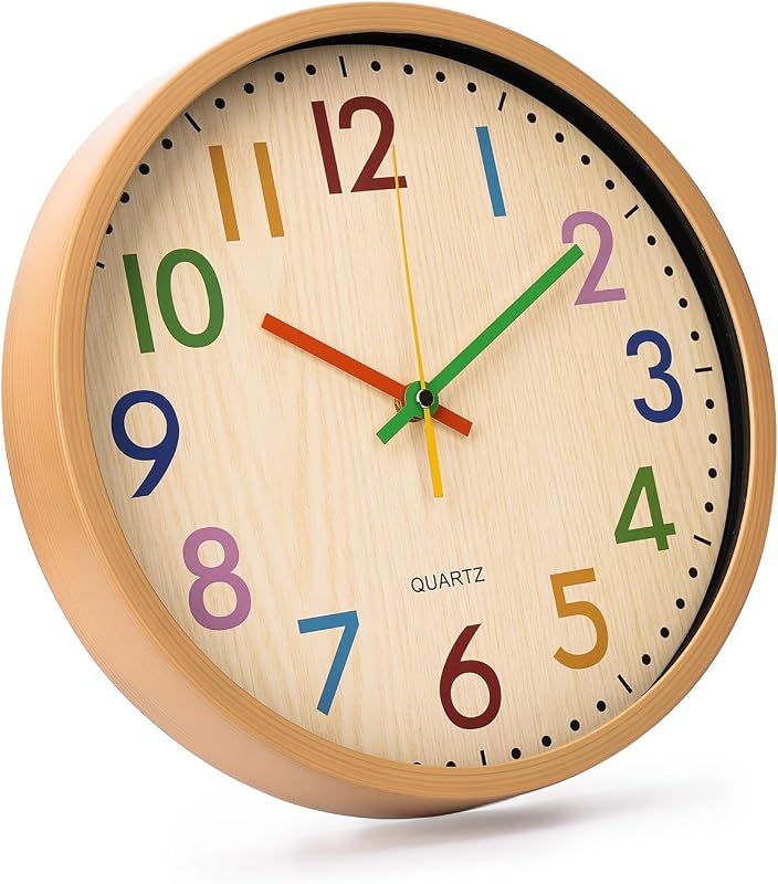 Reloj pared niños redondo sin tictac 12pulg grano bambú