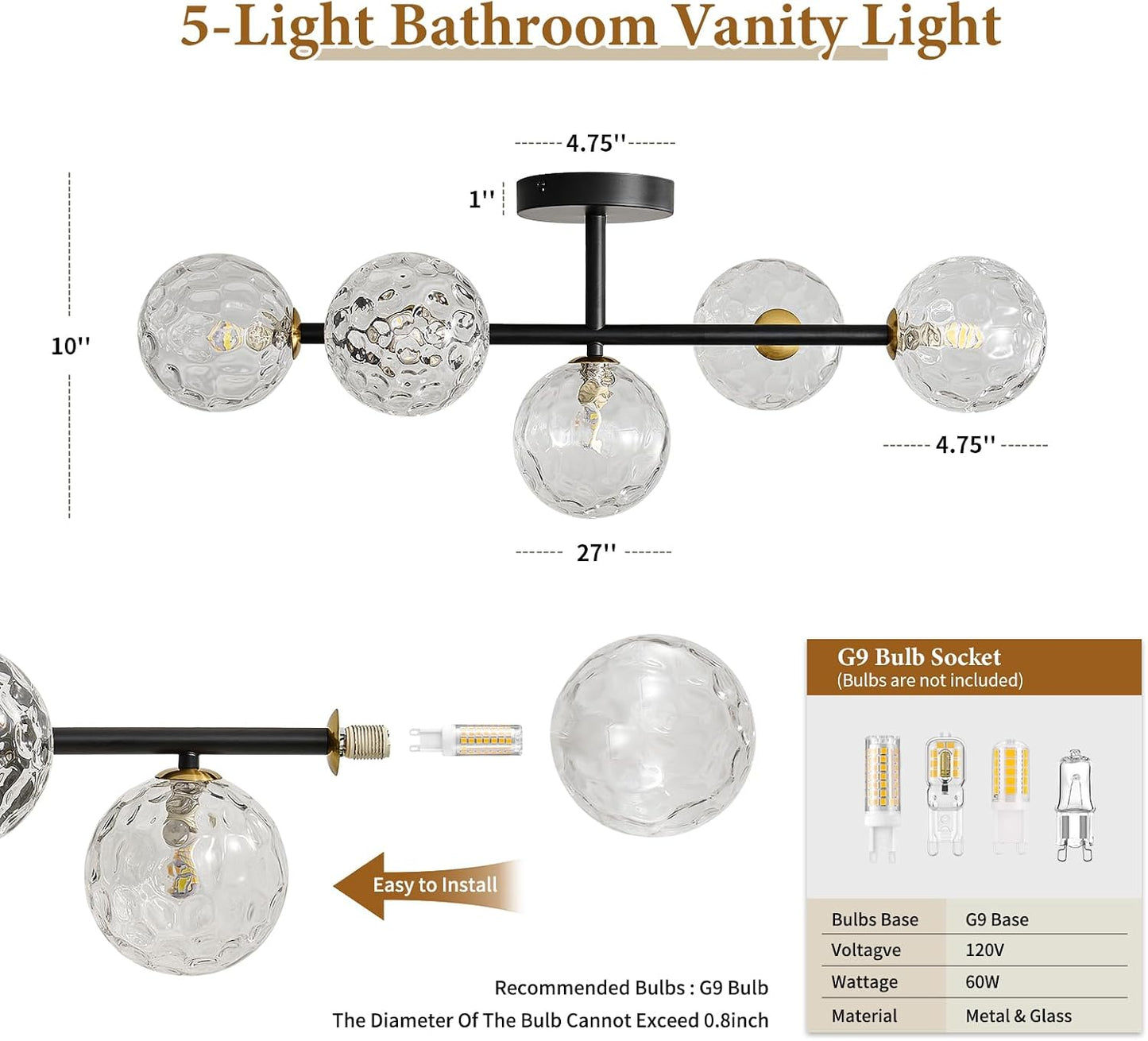 Aplique baño luces regulables 5 luces latón negro