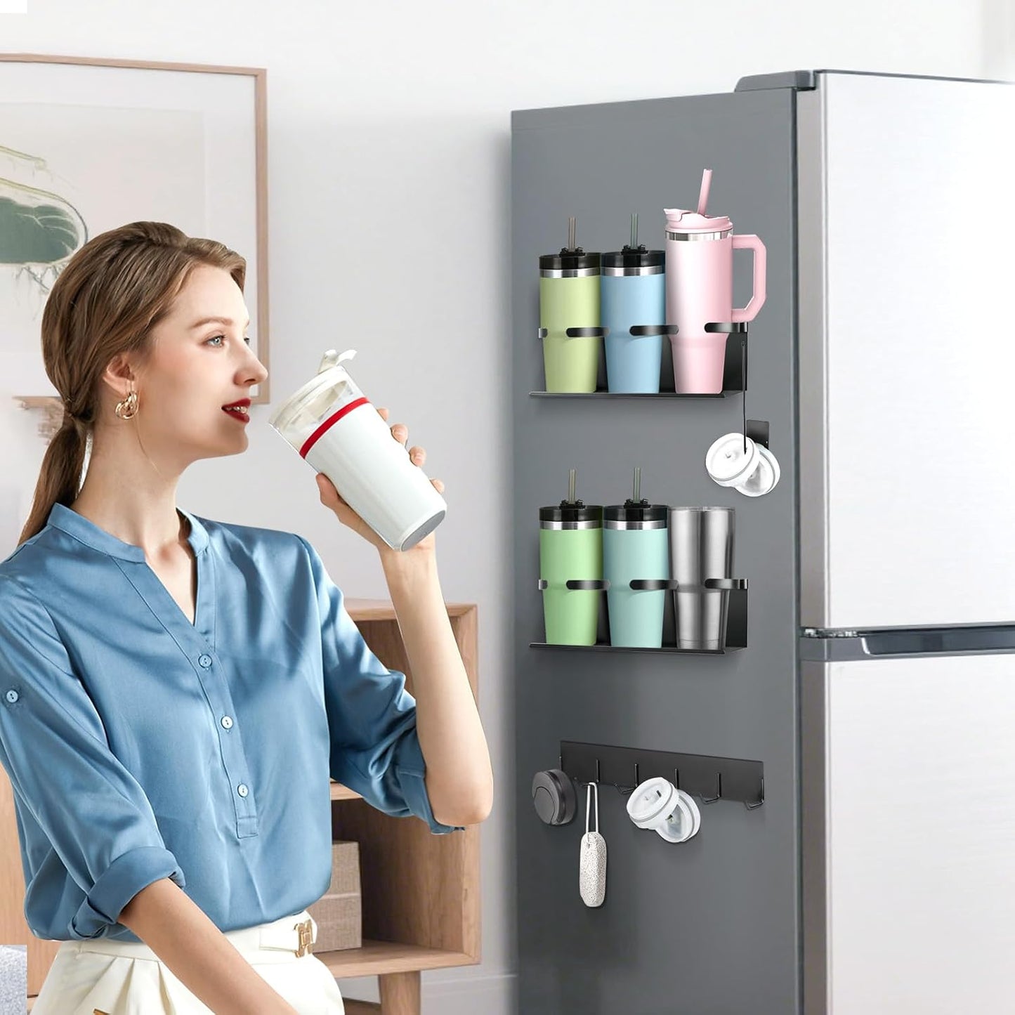 4 Portavasos Magnéticos Refri con Tapa 20-40oz y 7 Ganchos