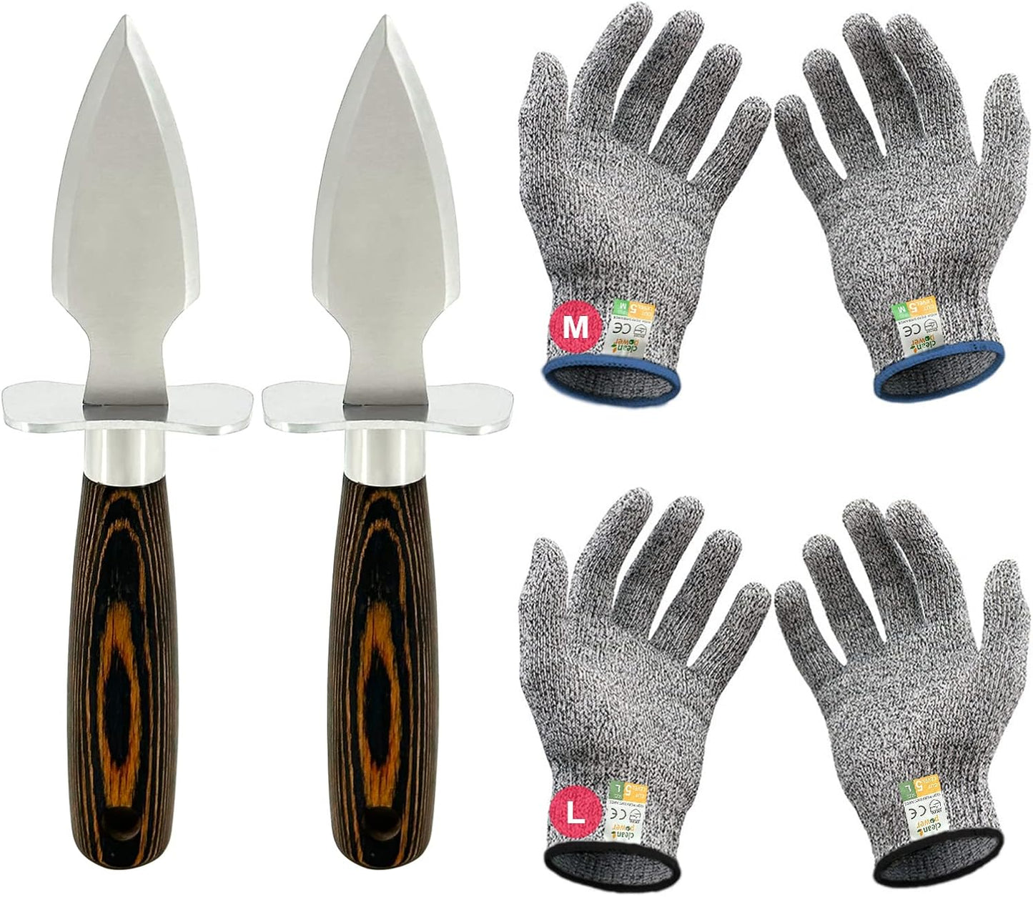 Set 2 Cuchillos Ostra Acero Inox y 2 Pares Guantes Nivel 5