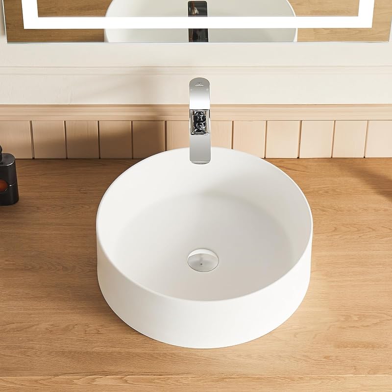 Lavabo redondo sobre encimera piedra mate 15.74"