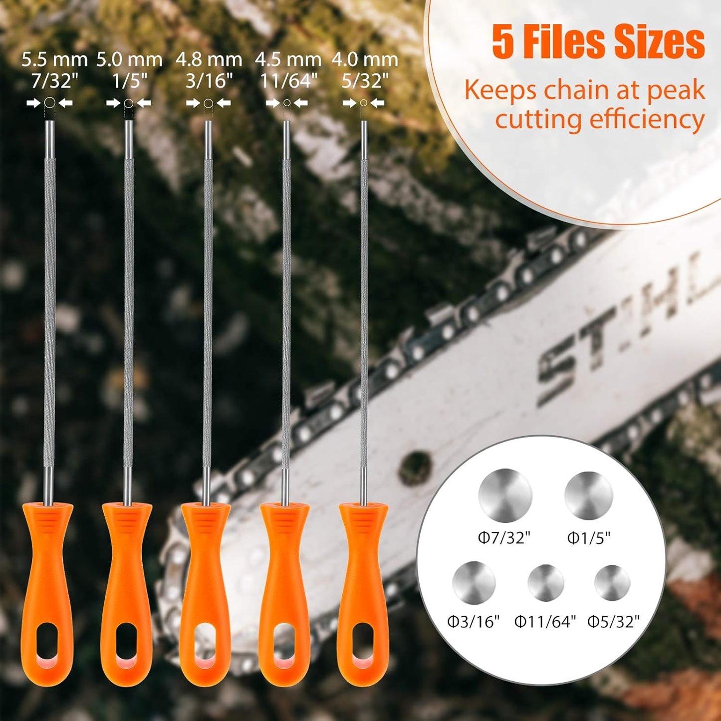 Set 5 limas motosierra 5/32 11/64 3/16