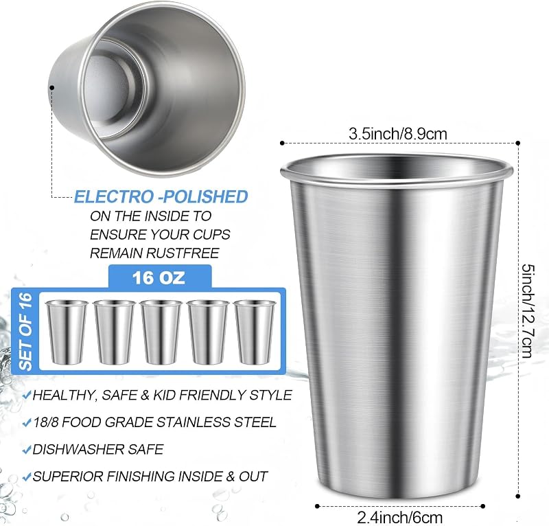 16 Pzas Vasos Acero Inox 16oz Apilables Uso Diario