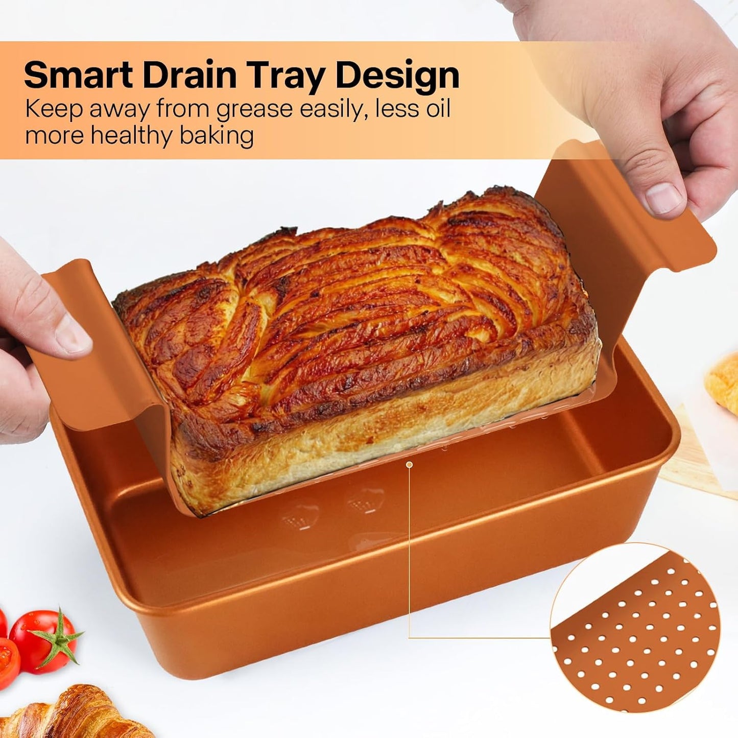 Sartén dorada para pastel carne con bandeja drenaje 2 moldes pan
