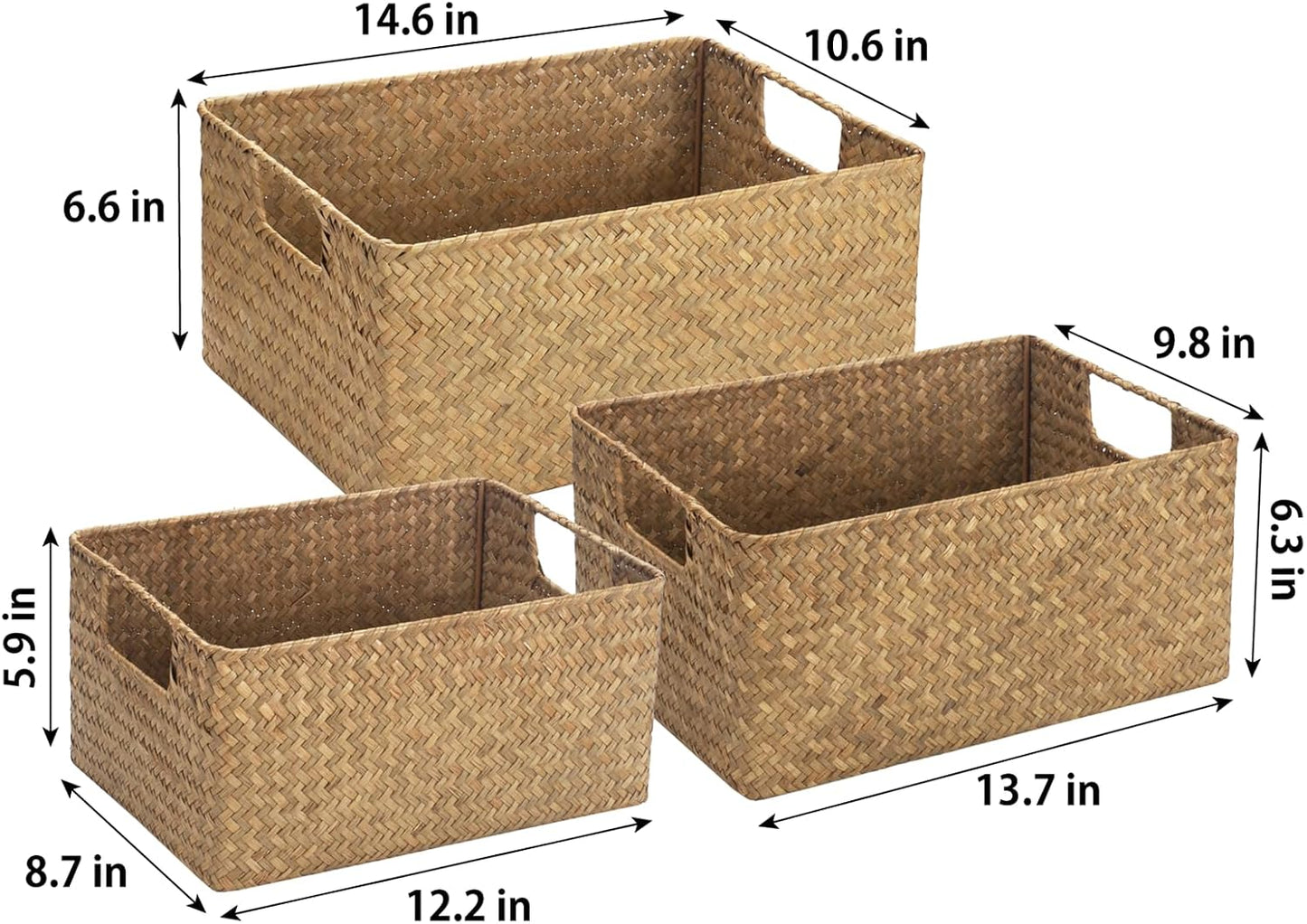 Set 3 cestas mimbre tejidas multitamaño con asas
