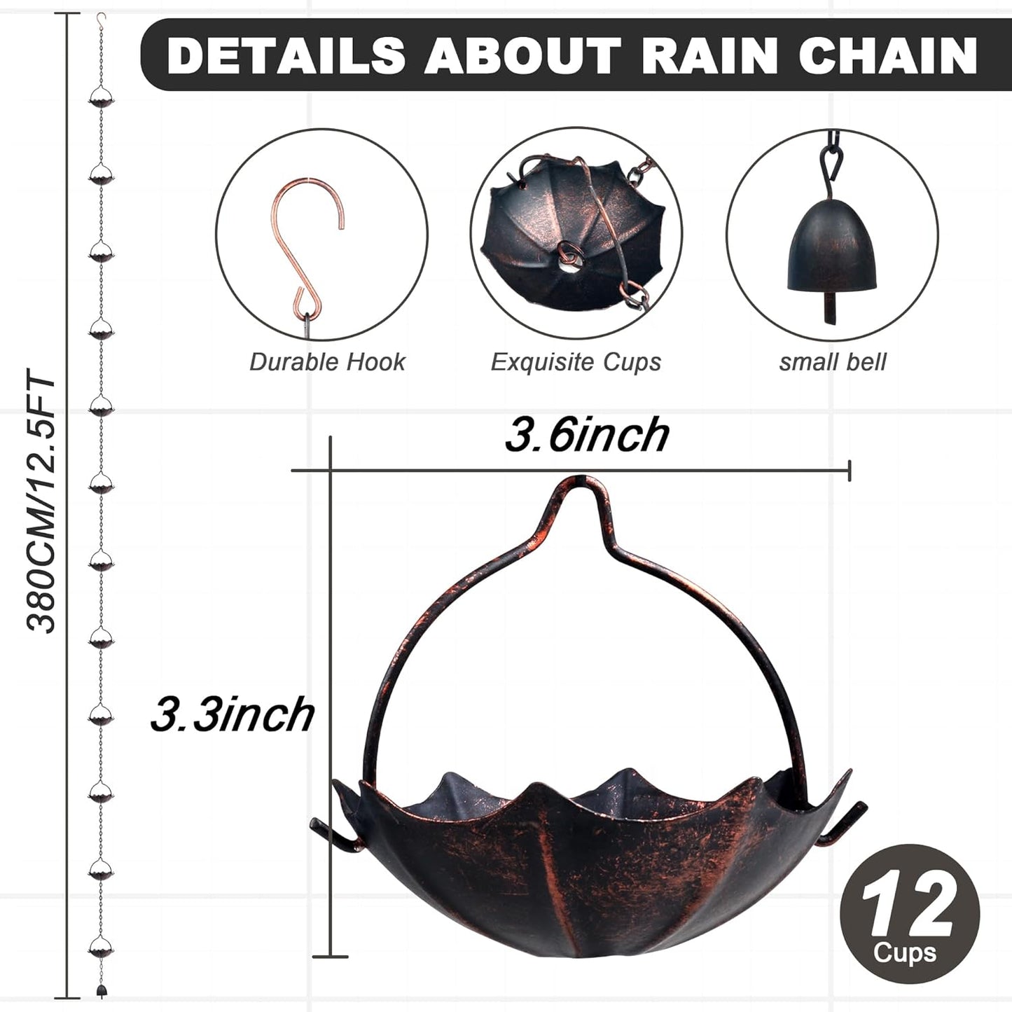 Cadenas lluvia ajustables 12.5ft 12 tazas forma paraguas