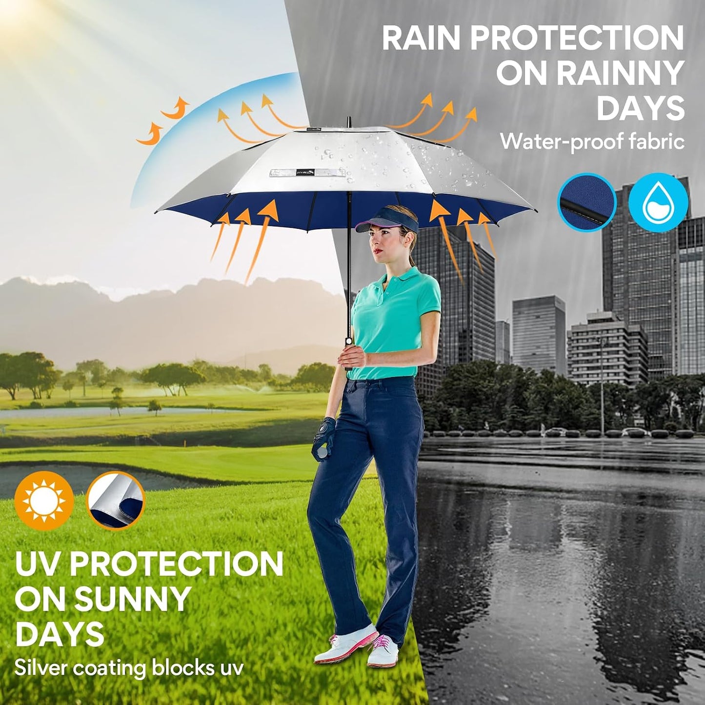Paraguas golf UV 51-68" UPF50 resistente viento