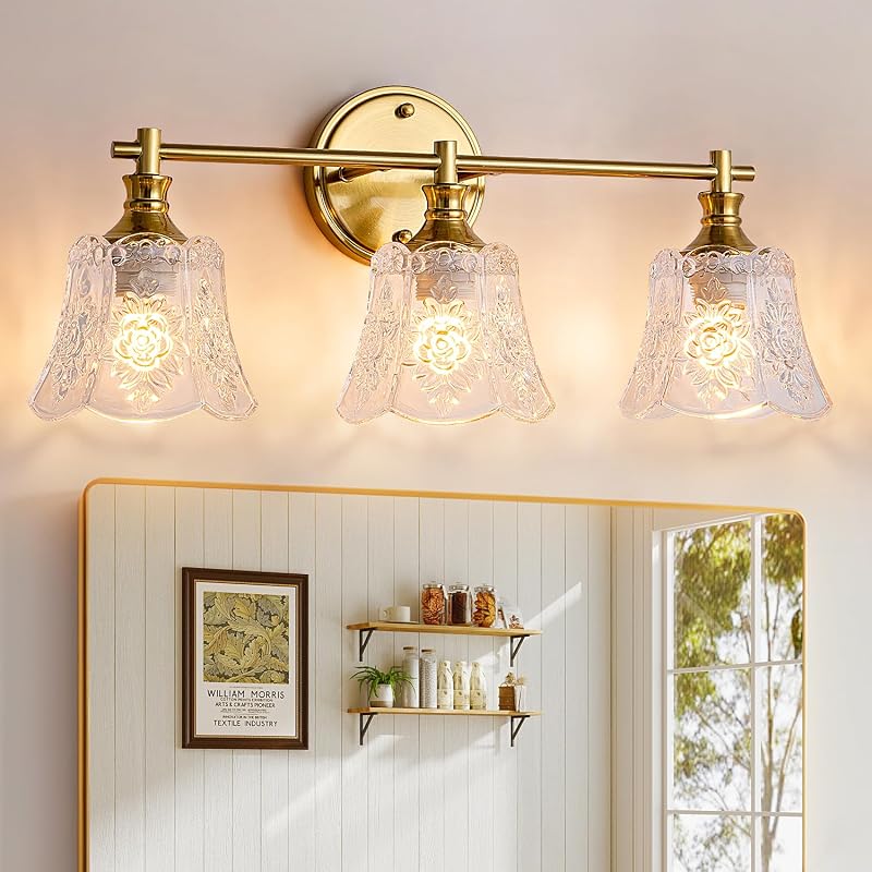 Lámpara baño 3 luces sobre espejo vidrio dorado
