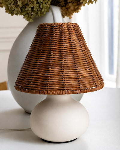 Lámpara mesa 11" base cerámica crema mimbre luz regulable