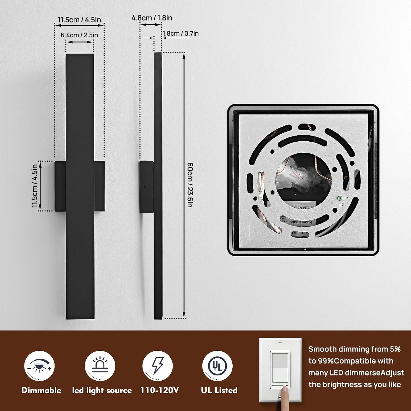 Lámpara pared LED moderna 24W 120V blanco cálido 23.6pulg