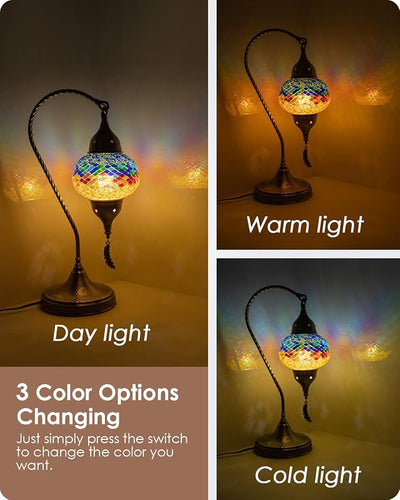Lámpara mesa mosaico turco bronce cuello cisne 19"