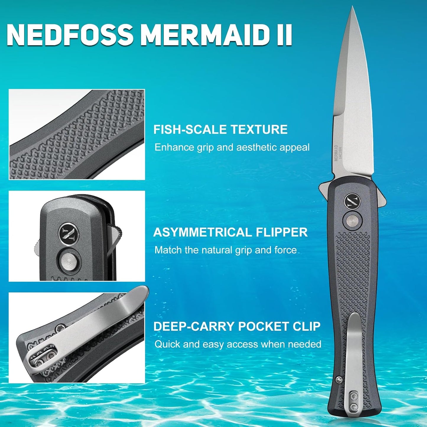 Cuchillo plegable Mermaid II acero 14c28n botón aluminio