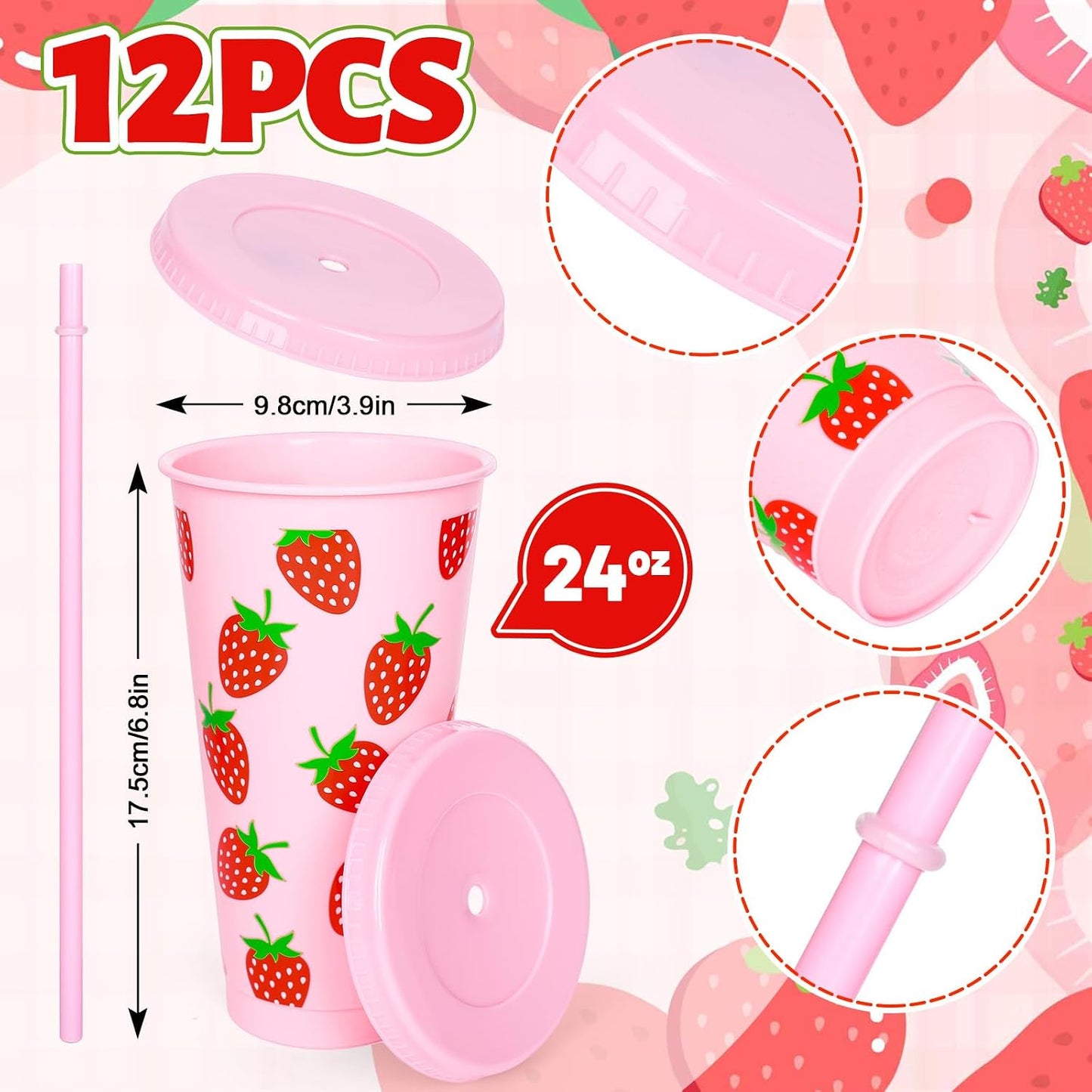 12 Vases Plástico Fresa con Tapas Pajitas 24oz