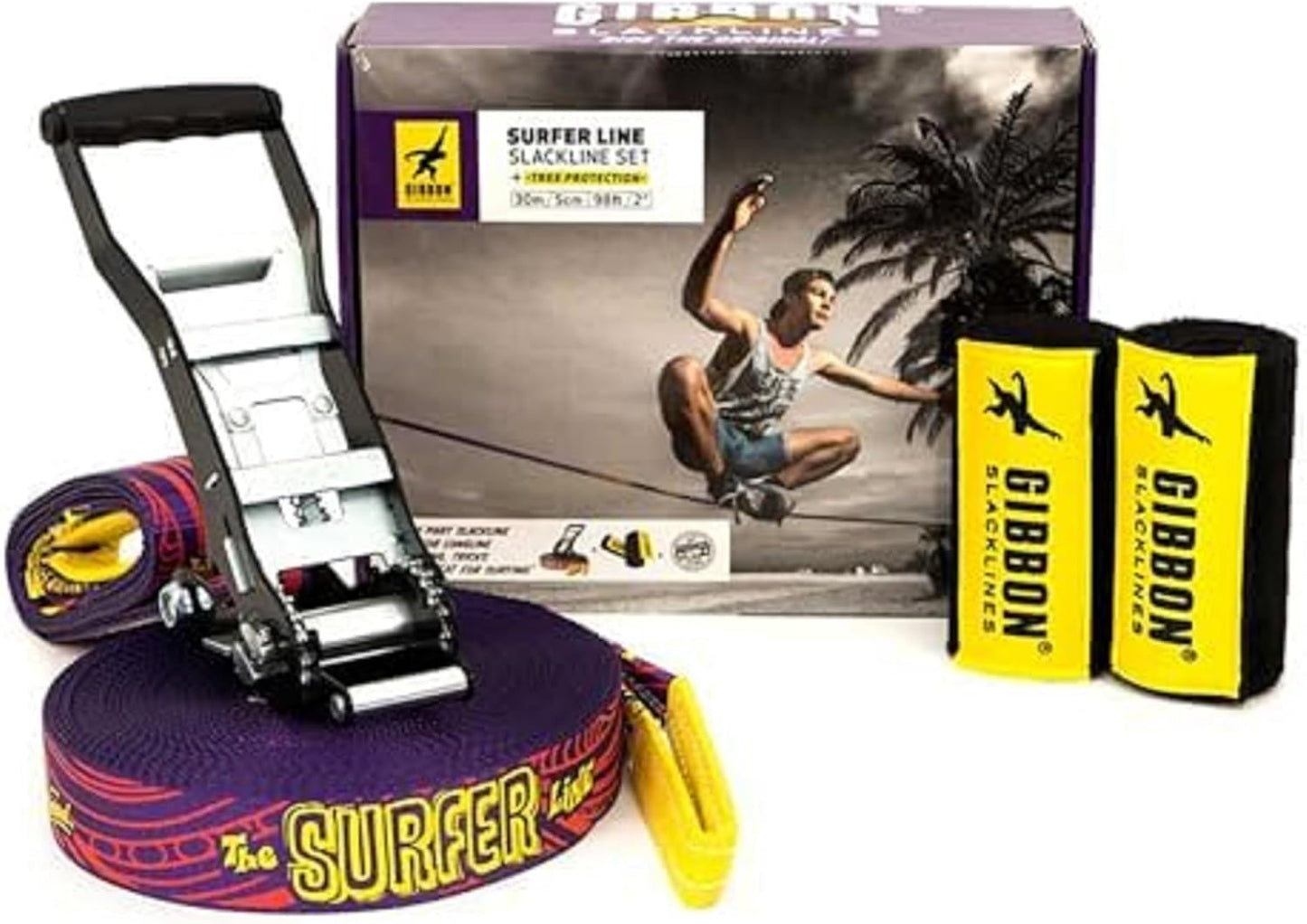 Slackline Surferline 98pies con ropa árbol morado y