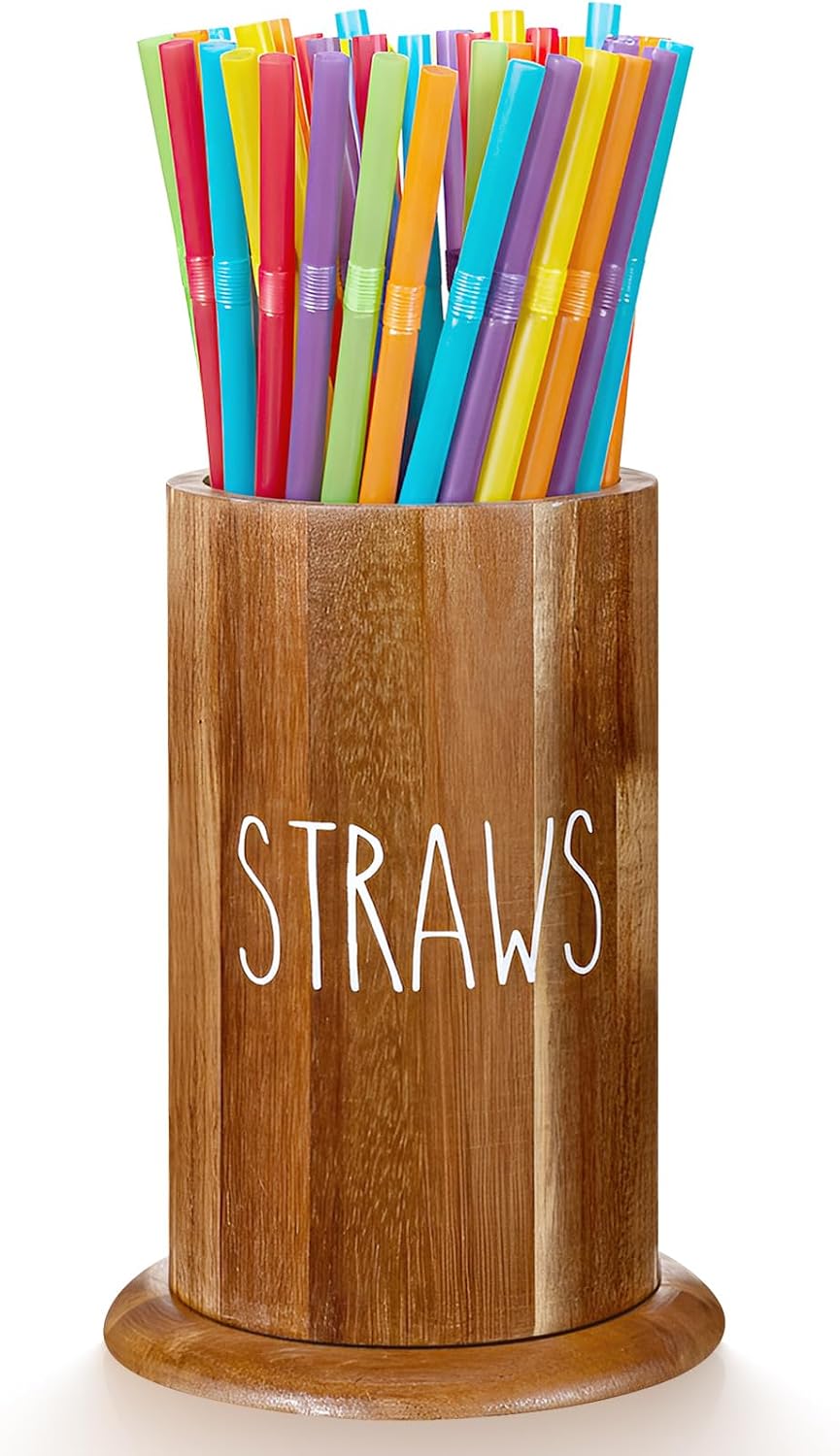 Dispensador pajitas madera acacia organizador cocina