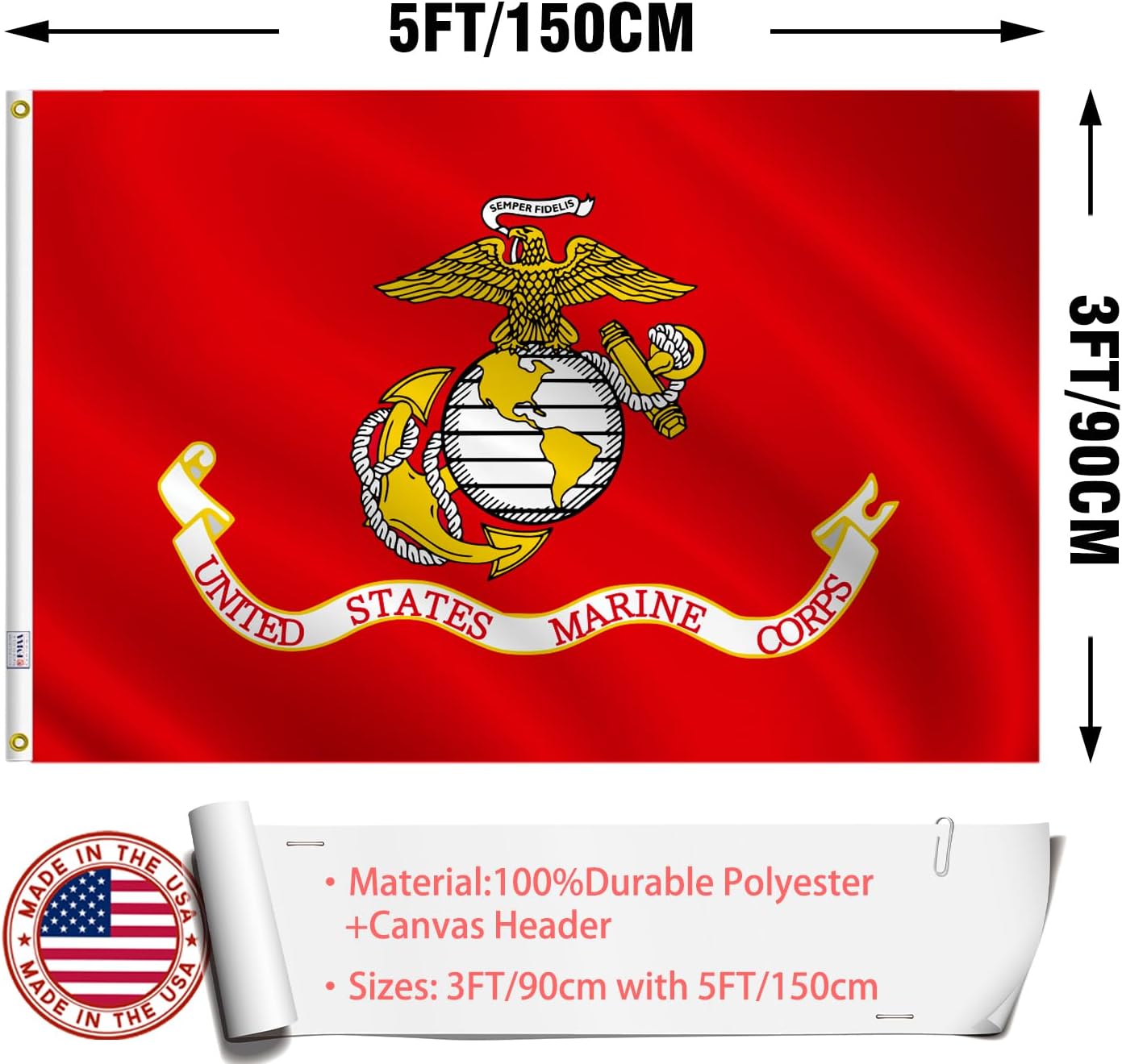 Bandera USMC 3x5 doble cara resistente color vivo