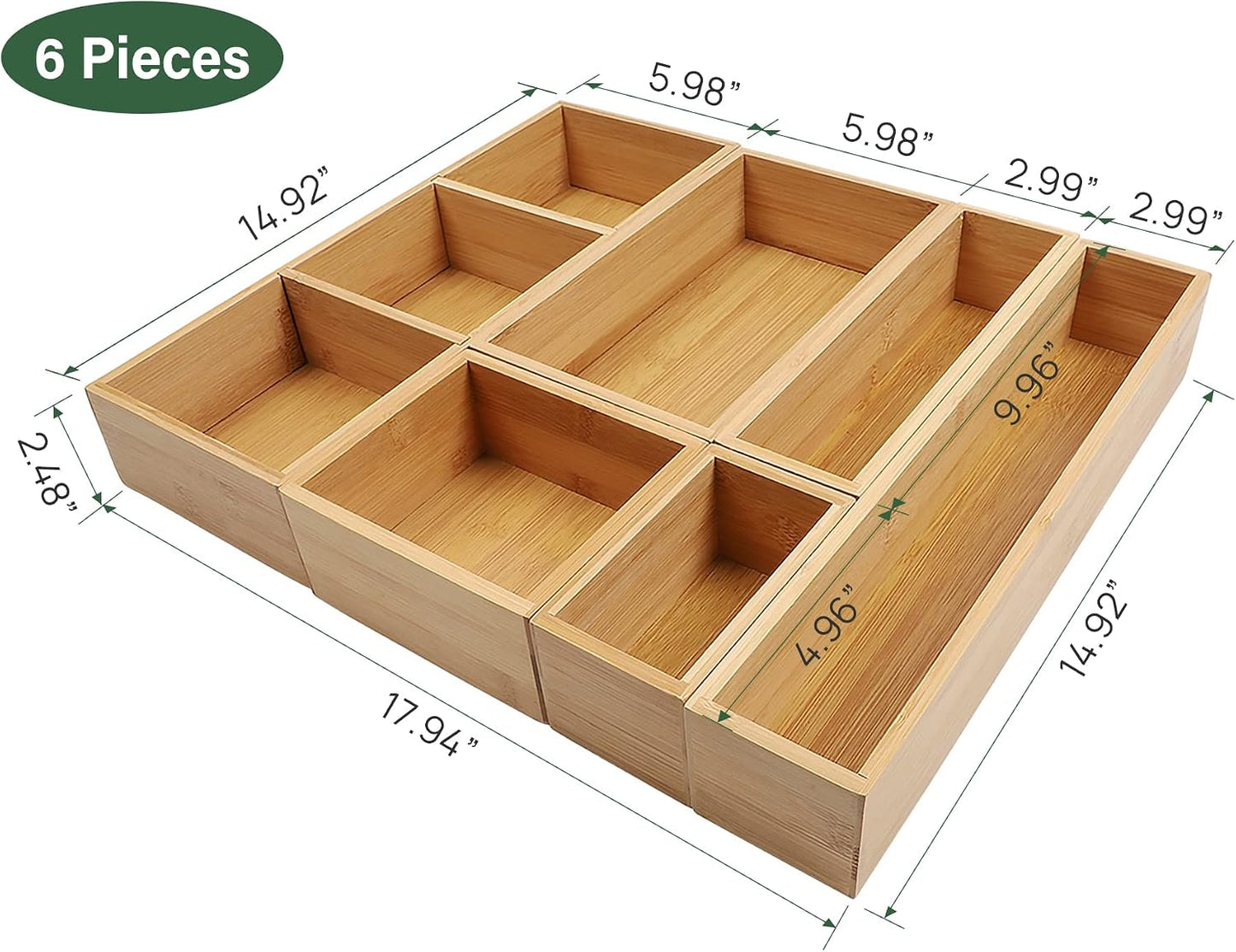 Organiz. cajones bambú separadores ajustables 6 pzas cocina