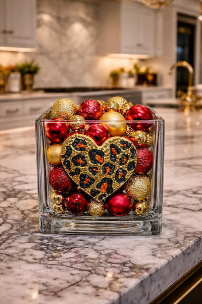 Jarrón portavelas 4x4pulg diseño corazón leopardo regalo mujer