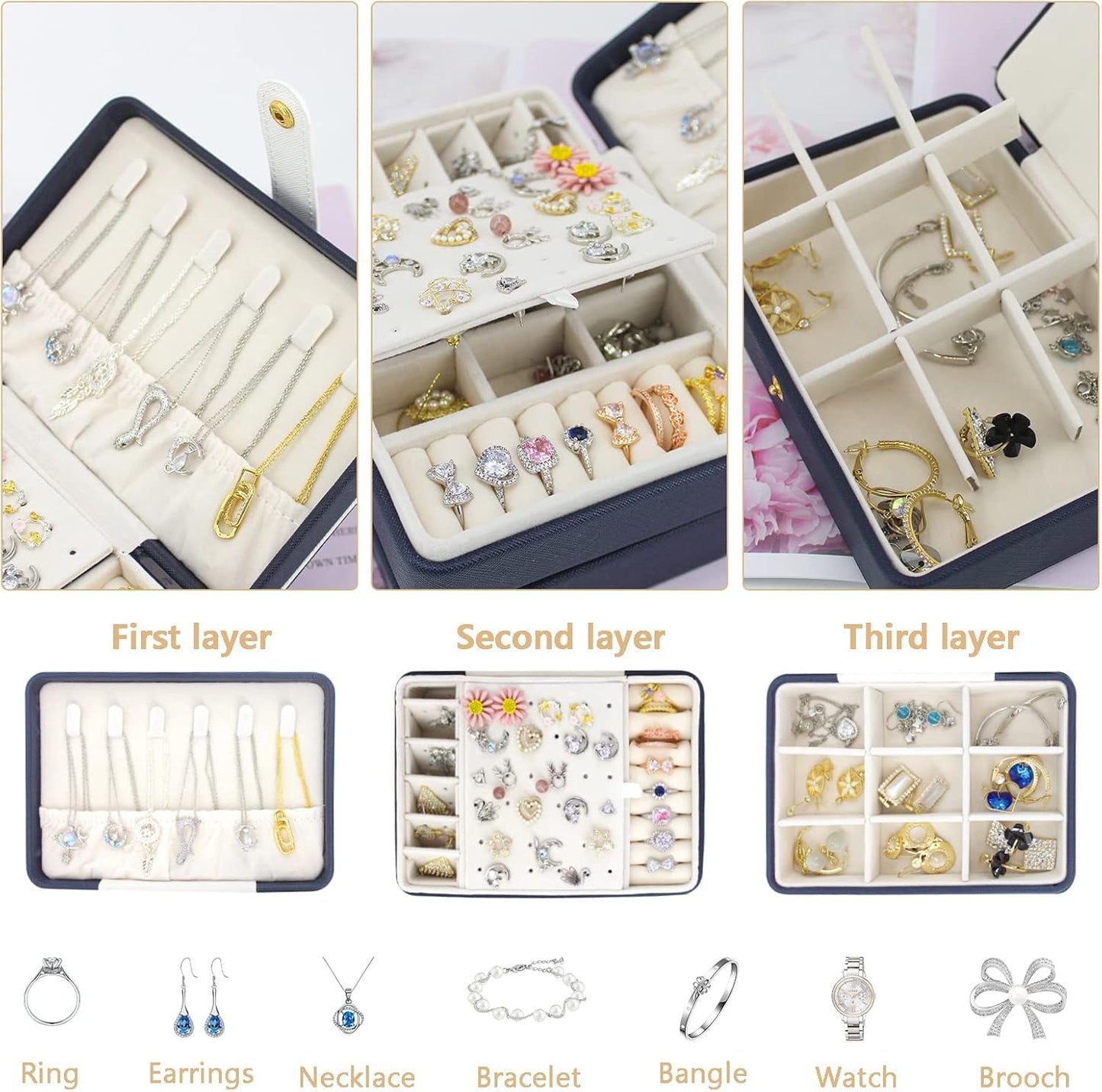 Joyero cuero doble capa para anillos aretes y collares azul