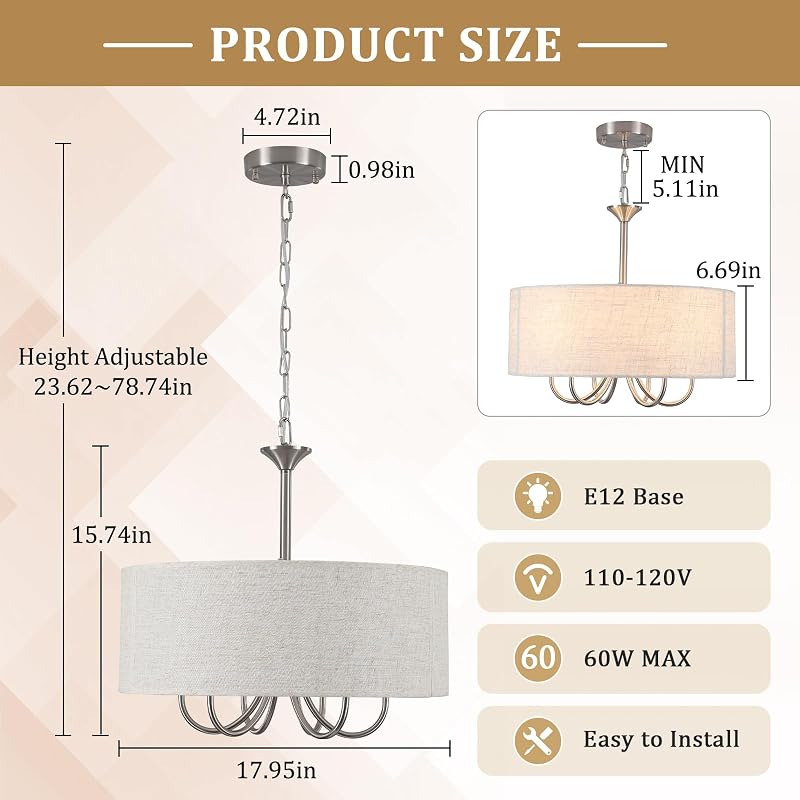 Candelabro Tambor 18" 6 Luces Lino Níquel Sala Dormitorio
