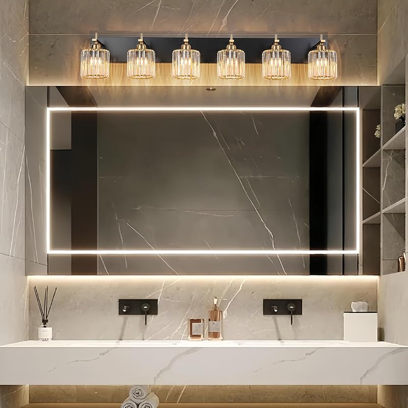 Lámpara baño cristal 6 luces acabado dorado sobre espejo