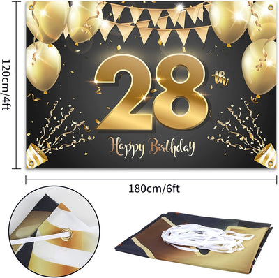 Fondo pancarta feliz cumpleaños 28 6x4ft negro y dorado