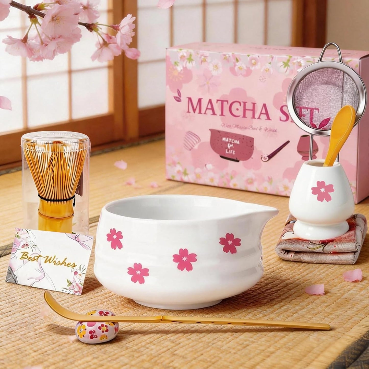 Juego 8 Pzas Matcha Cerámica Batidor Soporte Cuchara Bambú Tamiz