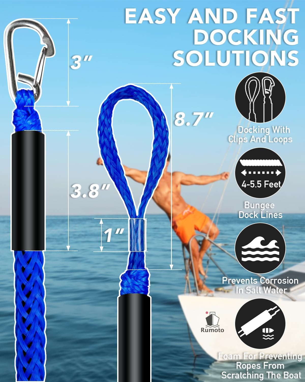 2 Pzas Líneas Elásticas para Barco 4pulg Clip Acero Inox 316