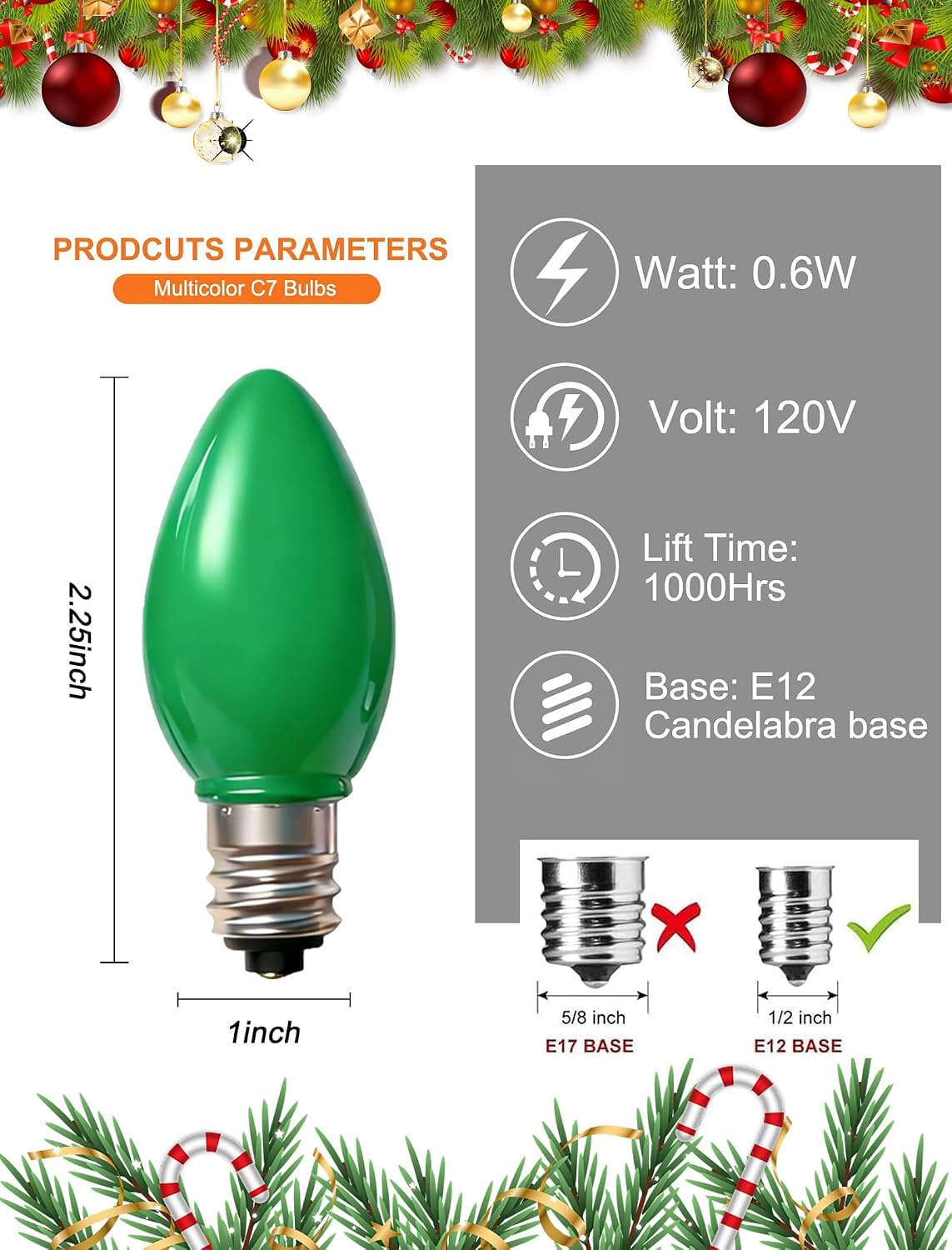 25 Bombillas LED C7 Multicolor Base E12/C7 0.6W