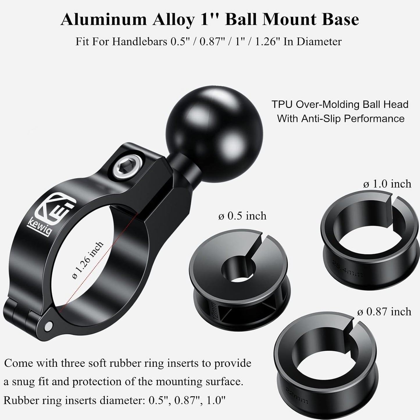 Base manillar bola aluminio 1pulg para rieles 0.5-1.26pulg set 2